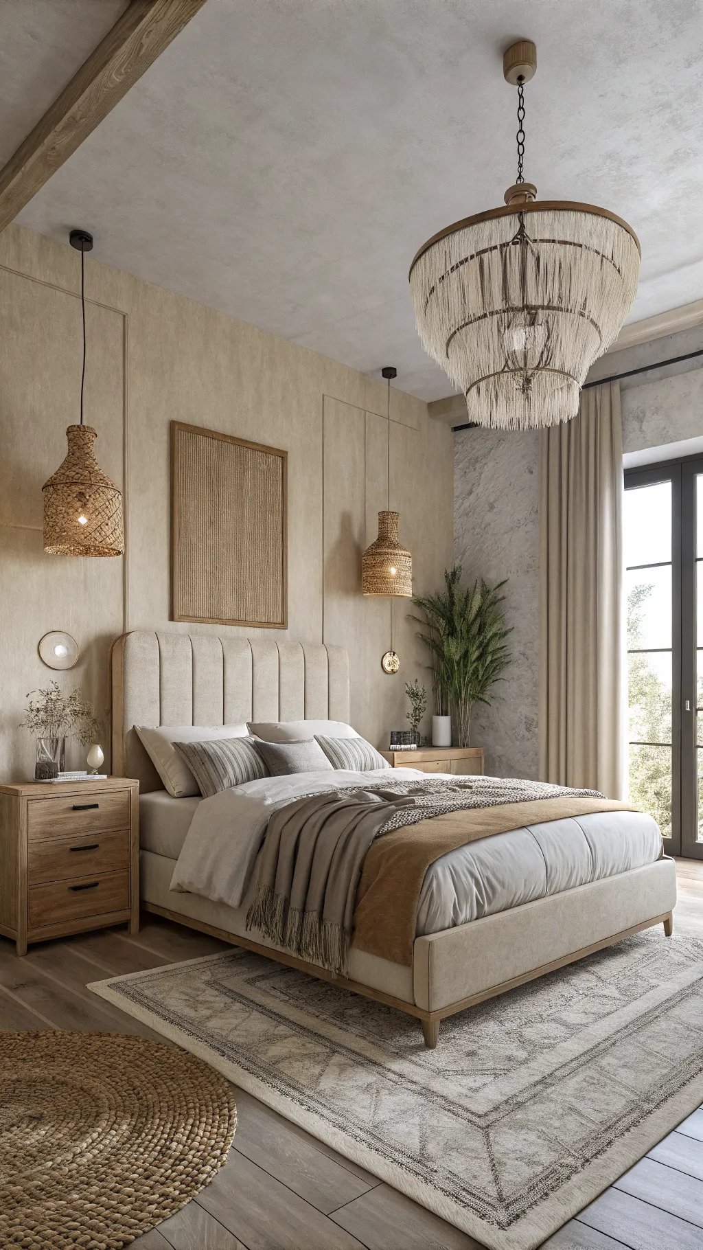 A stylish beige bedroom featuring a tufted bed, woven pendant lights, and plants, creating a warm and minimalistic atmosphere.