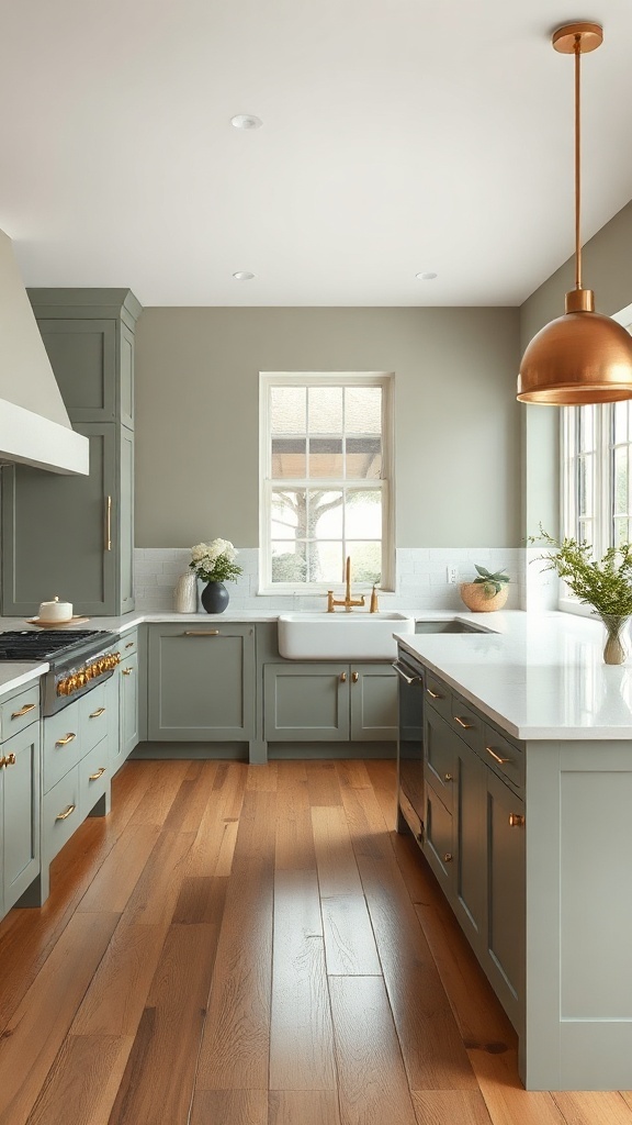 A modern kitchen featuring sage green cabinets and wooden flooring.