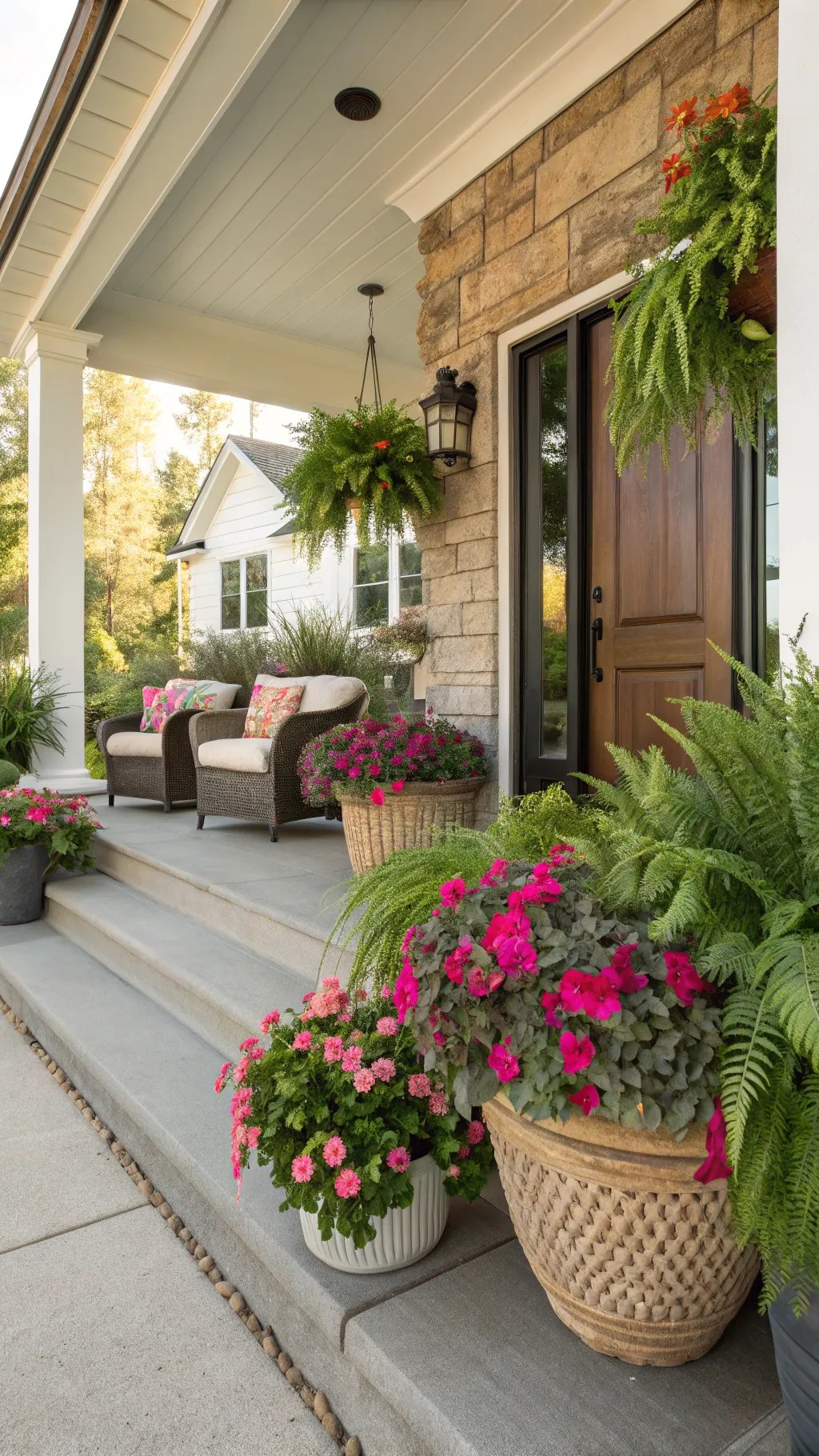 A summer front porch with vibrant flower planters, green ferns, and cozy seating.