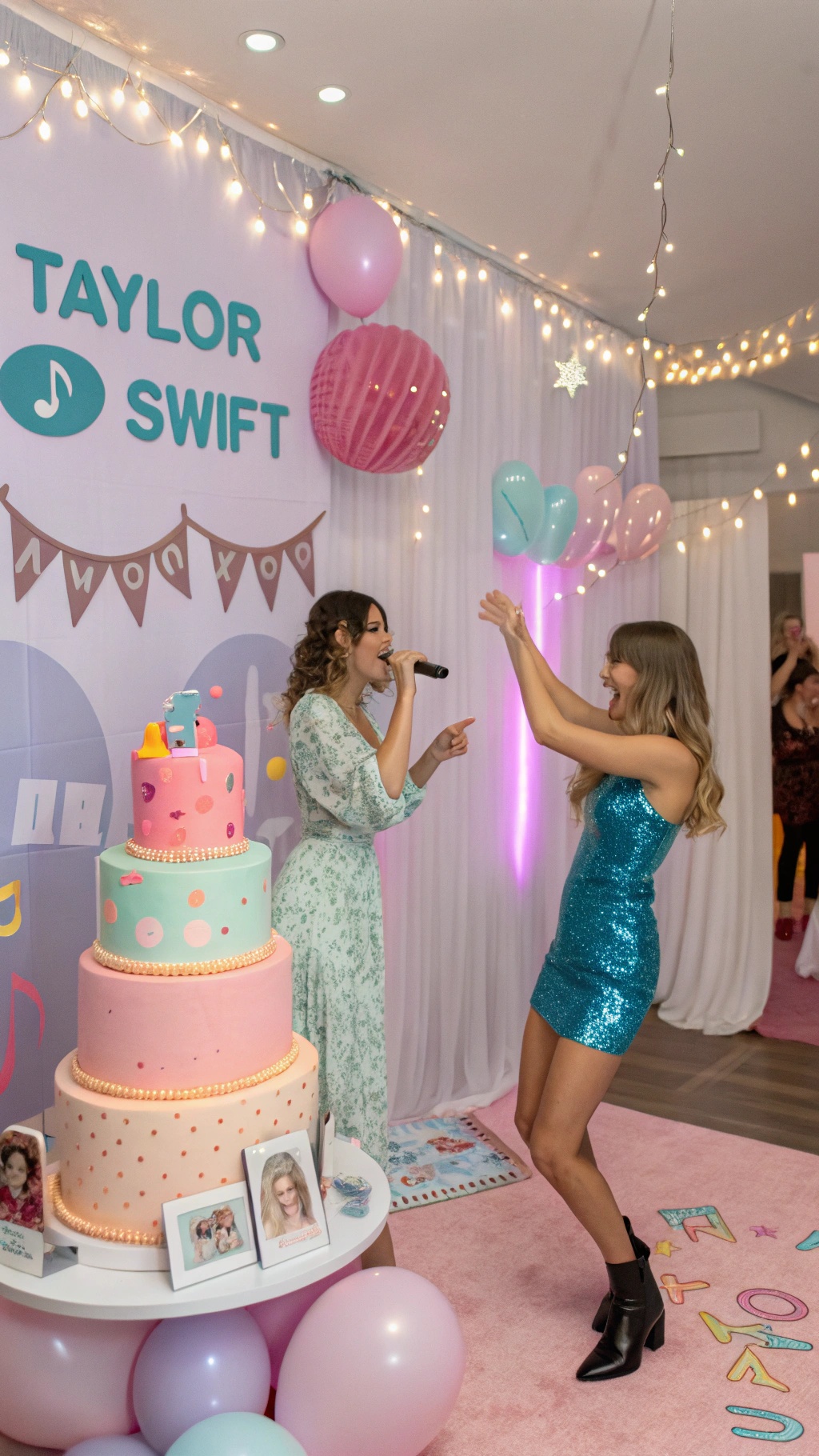 A vibrant Taylor Swift birthday party scene with a colorful cake and guests enjoying the celebration.