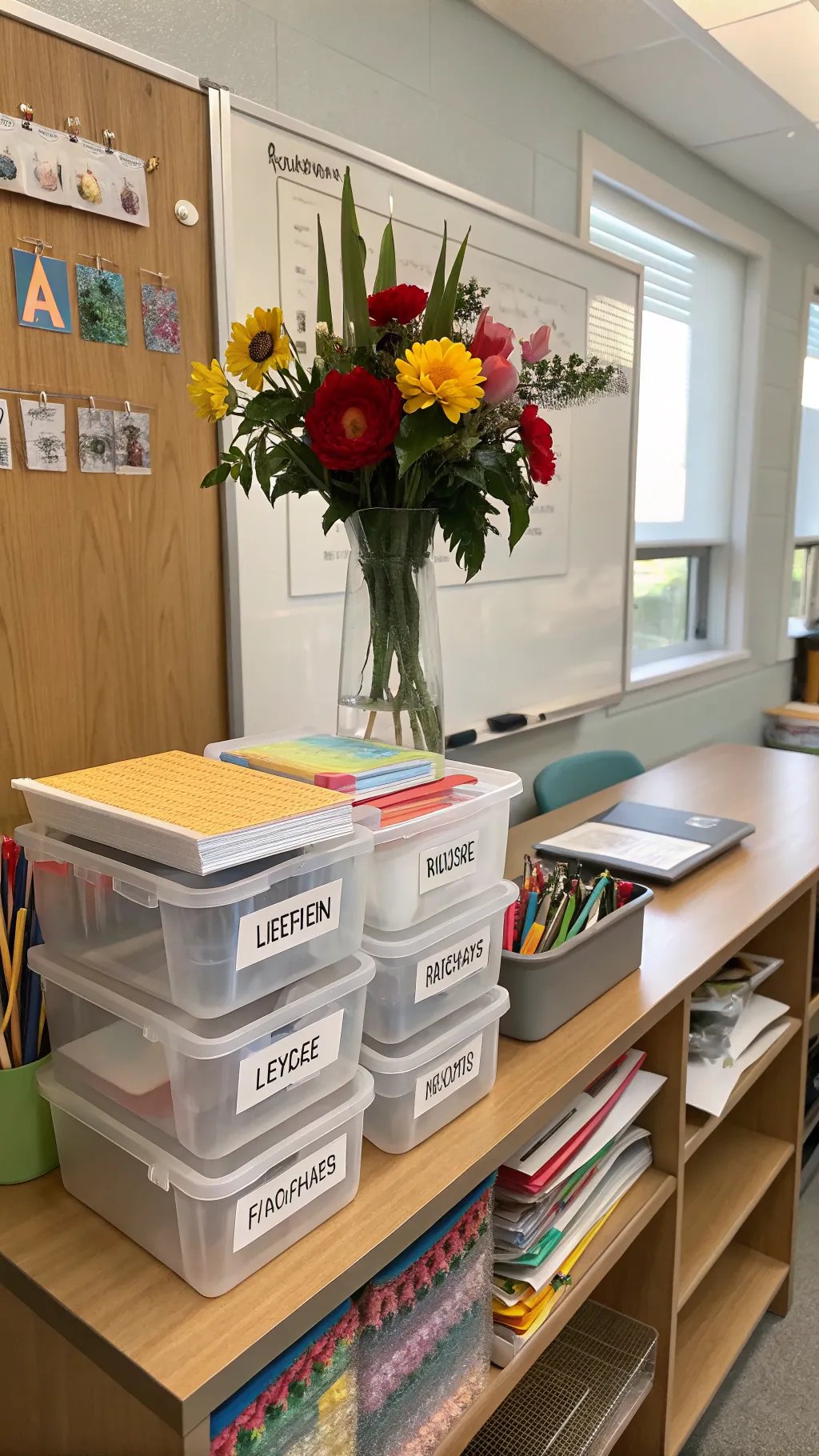 An organized teacher desk with labeled storage containers and a vase of flowers.