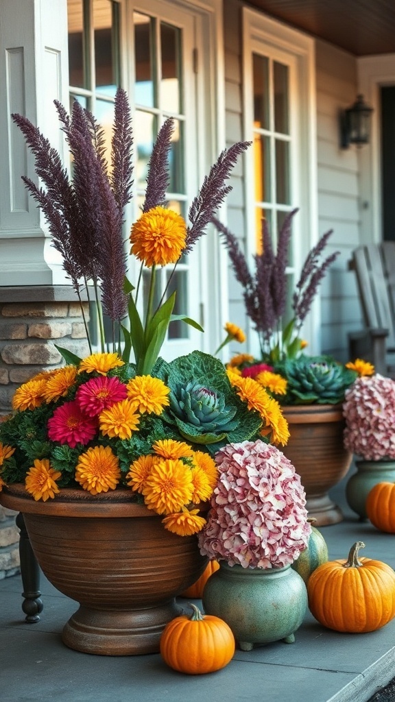 Beautiful fall containers with flowers and pumpkins arranged outside a house.