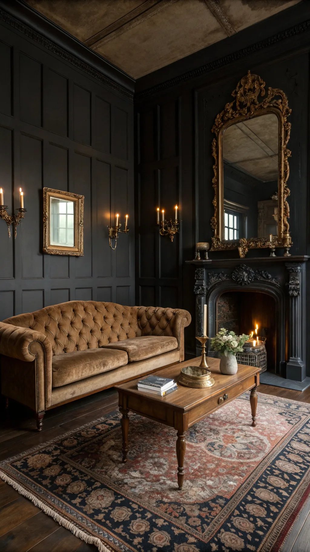 Moody vintage living room featuring a velvet tufted sofa, ornate mirror, and classic coffee table.
