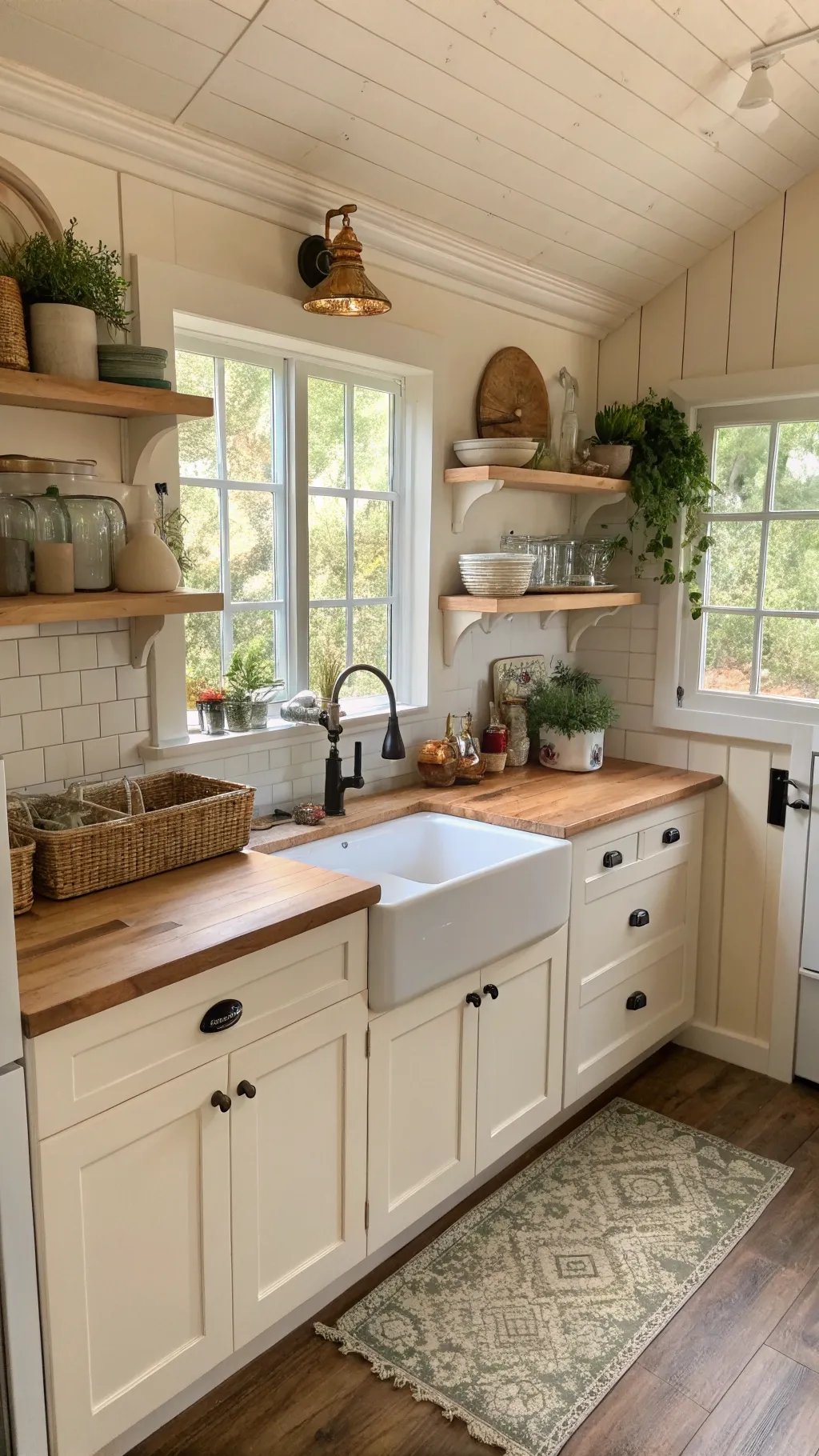 A cozy tiny cottage kitchen with white cabinetry, wooden countertops, and open shelving.