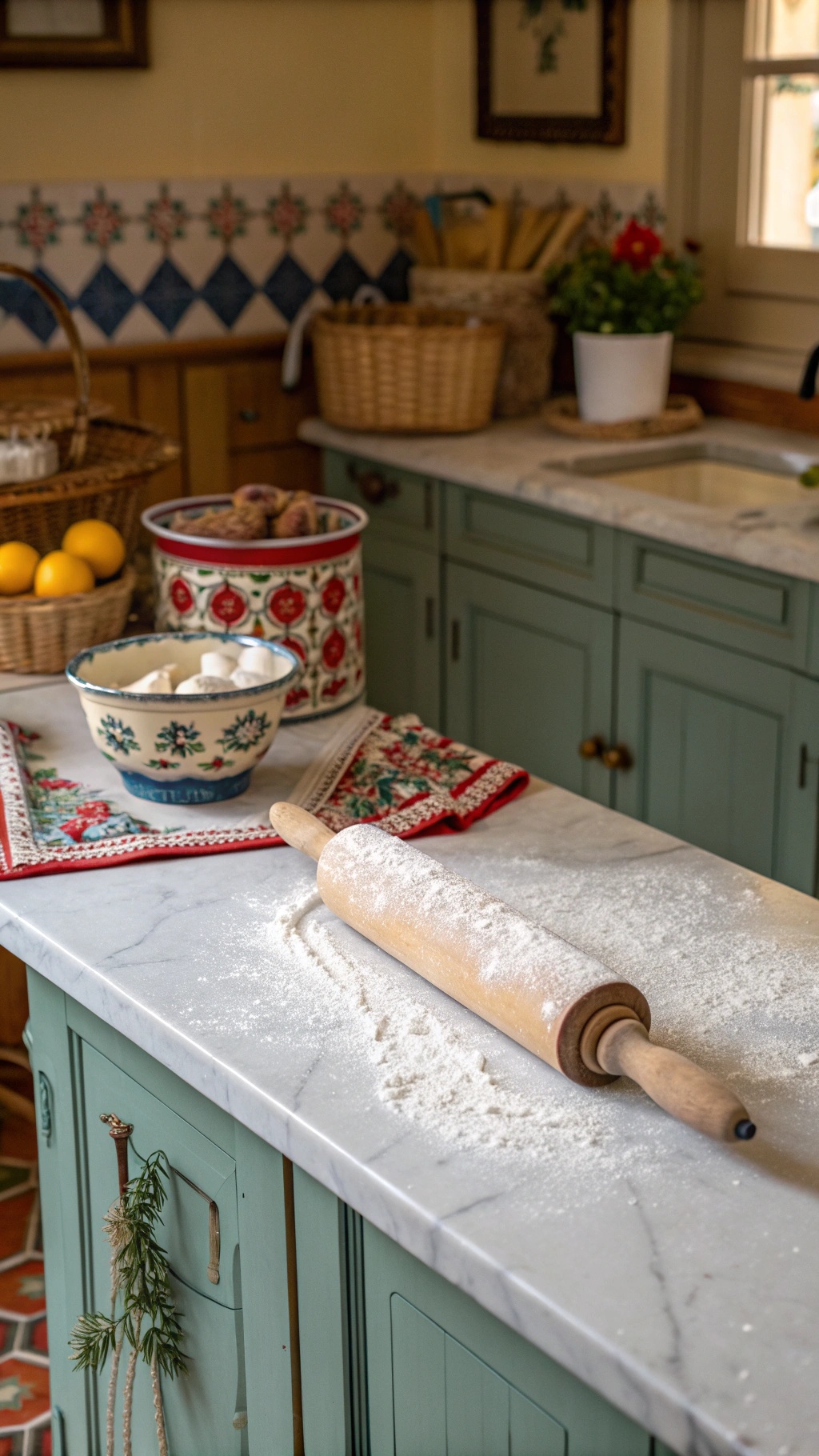 Creating Your Dream French Cottage Kitchen: A Comprehensive Guide A traditional French baking station with a rolling pin, flour on a marble countertop, and colorful kitchen accessories.