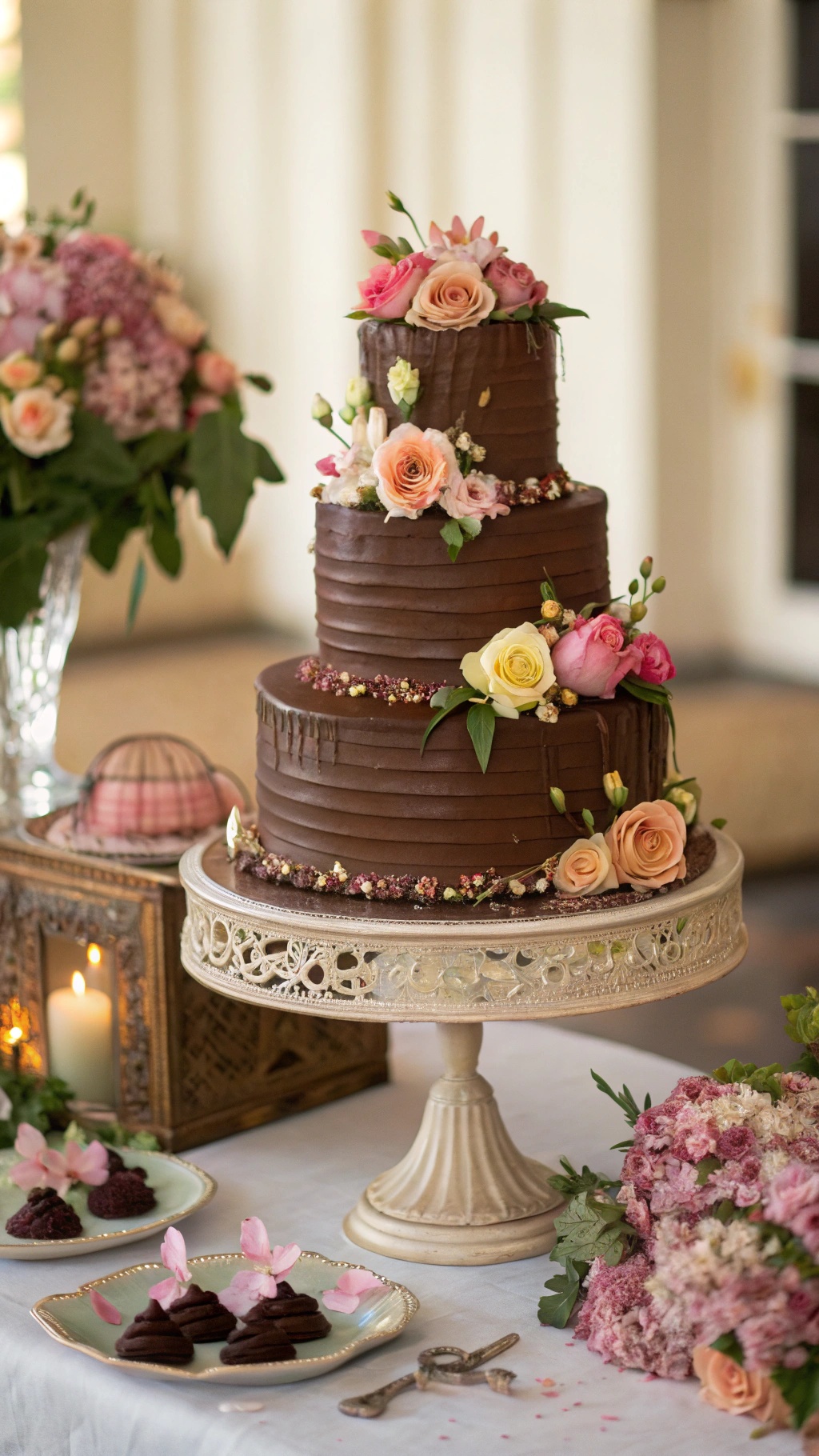 A beautiful three-tiered chocolate wedding cake decorated with flowers.