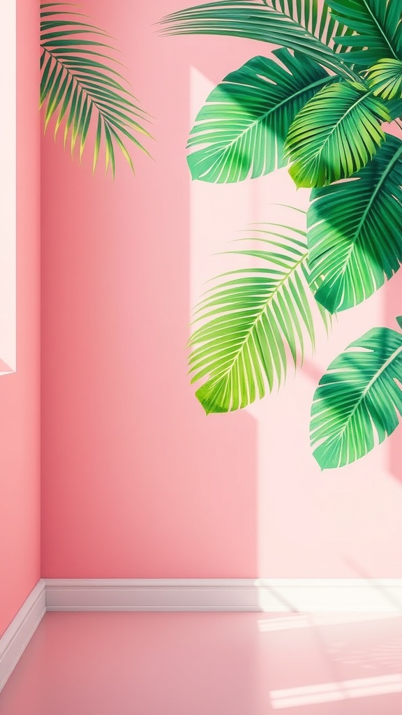 A corner of a room with light pink wallpaper and green palm leaves.