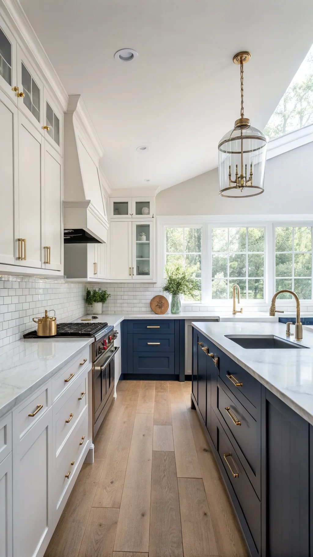 Stylish two-tone kitchen with white and navy cabinets, marble countertops, and gold accents.