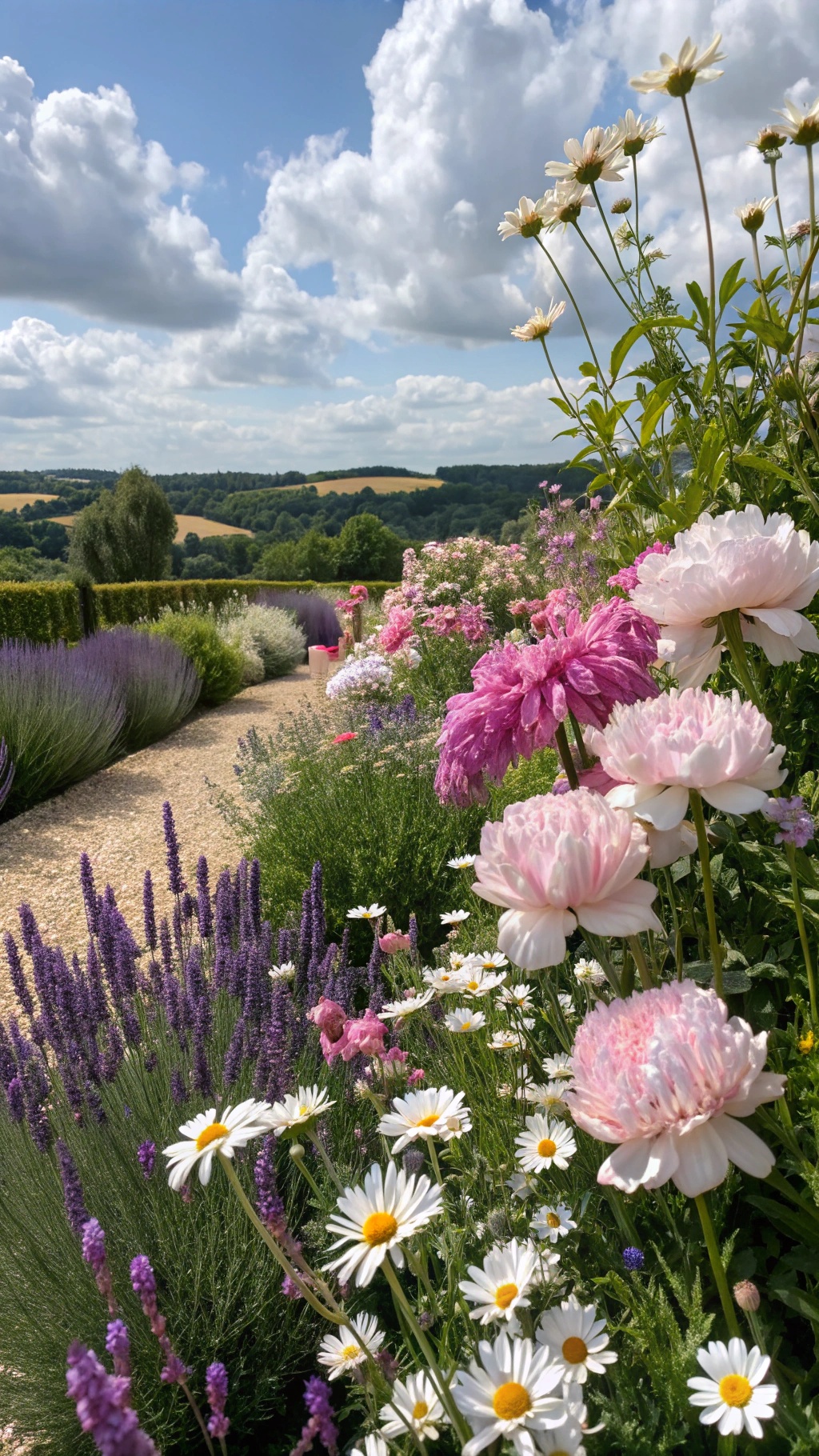 Creating Your Dream French Cottage Garden: A Romantic European Escape A beautiful French Cottage Garden with vibrant flower beds in full bloom, featuring daisies, lavender, and peonies.