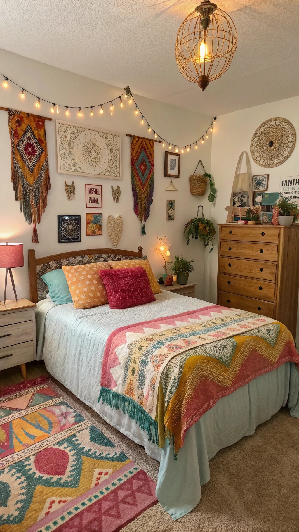 Create Your Dream Green Boho Bedroom: A Sanctuary of Style and Serenity A cozy Green Boho Bedroom featuring a bed with colorful pillows, a vibrant throw blanket, and vintage wall art.