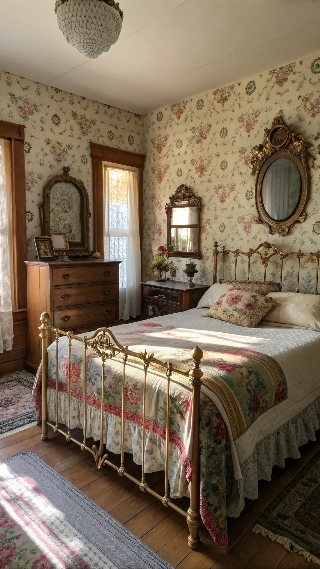 A vintage bedroom featuring a brass bed, floral duvet, mirrors, and a warm welcoming atmosphere.
