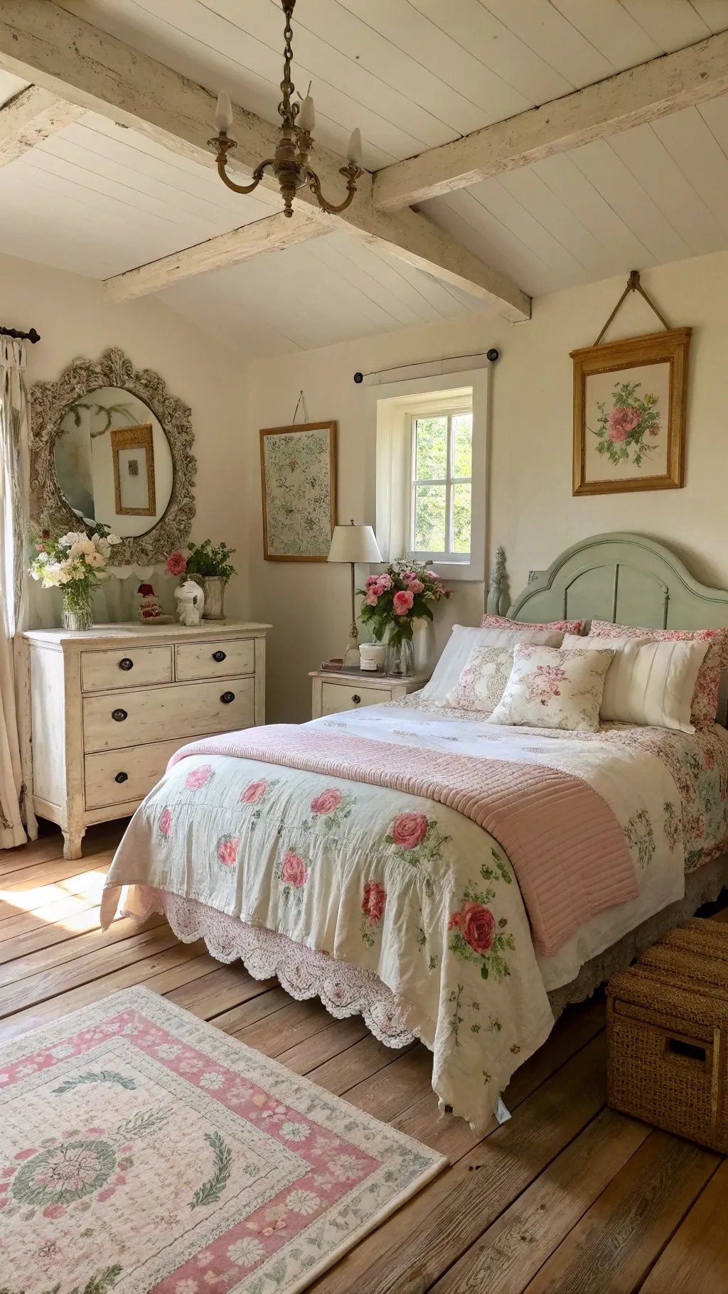 A cozy vintage cottage bedroom decorated with floral patterns, wooden floors, and natural elements.