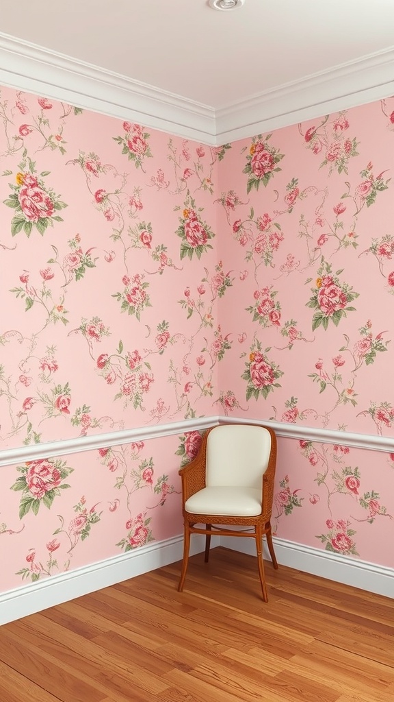 A corner of a room with vintage floral light pink wallpaper and a simple chair.