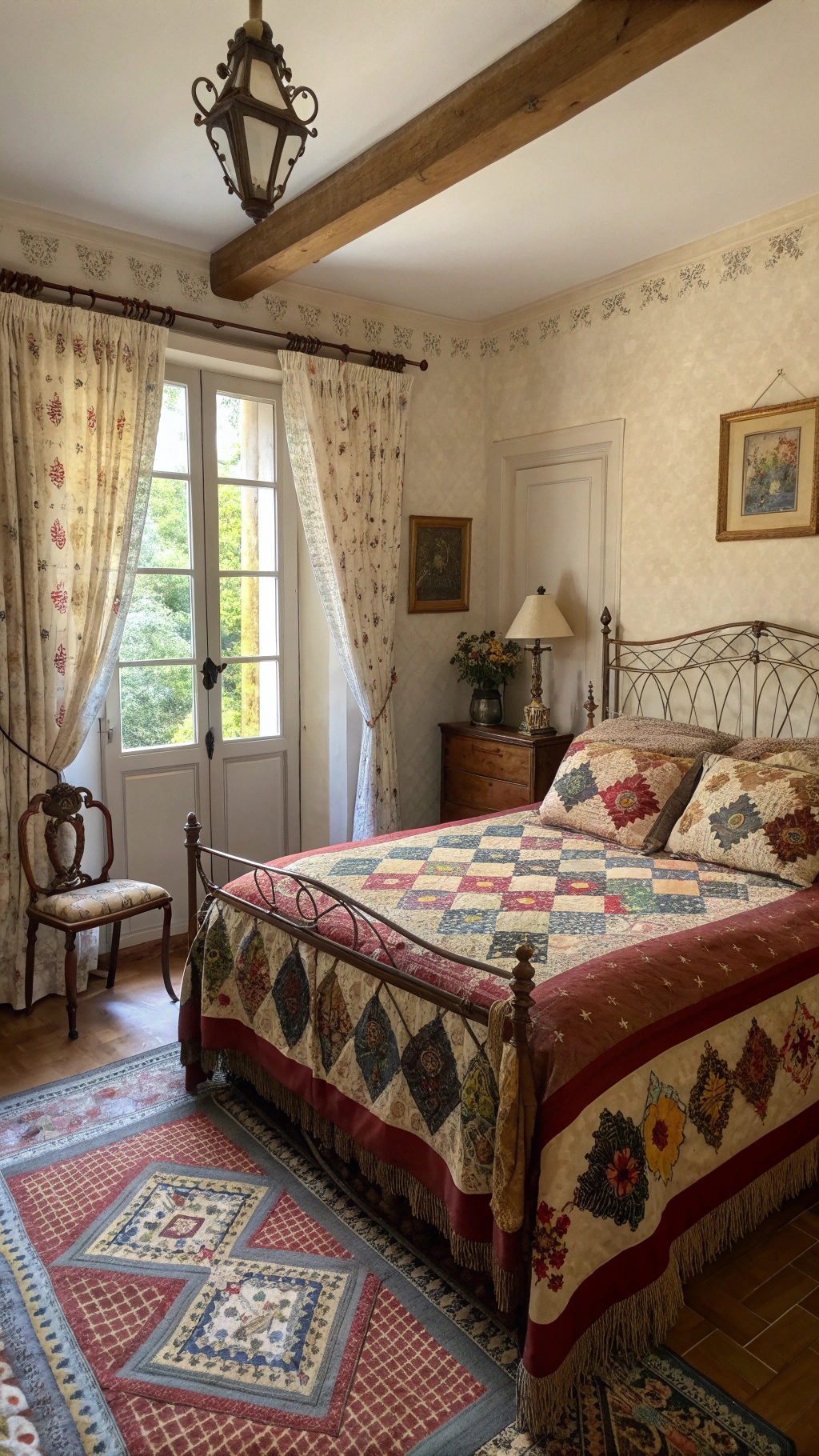 How to Create Your Dream French Country Bedroom A cozy French Country Bedroom featuring vintage furniture and textiles, including a quilted bedspread and patterned curtains.