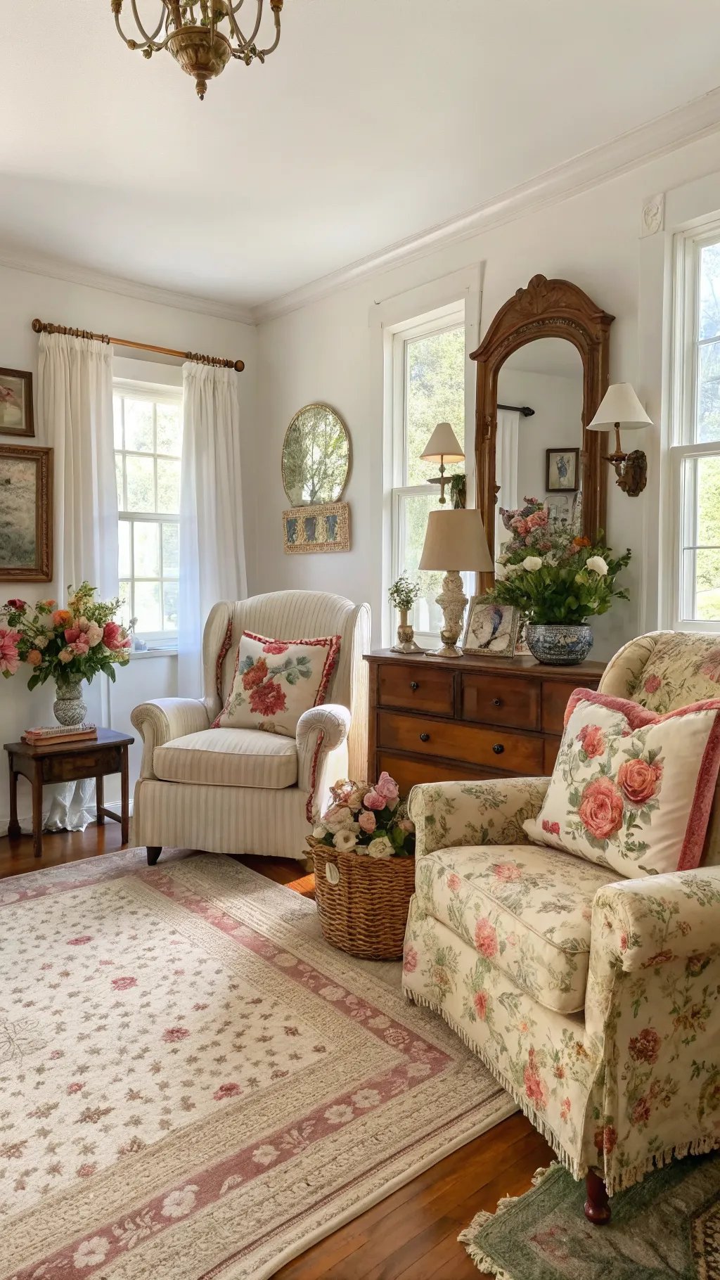 A cozy vintage granny chic living room featuring floral furniture, warm wood accents, and bright natural light.