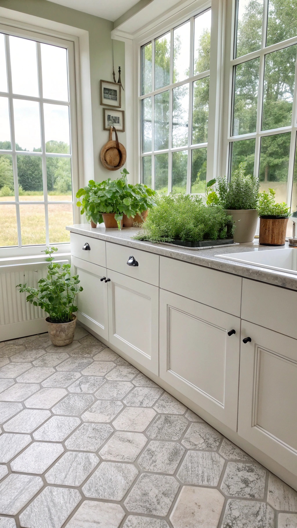 Farmhouse Kitchen Flooring: Rustic Charm Meets Modern Durability A bright farmhouse kitchen with hexagonal vinyl flooring, white cabinetry, and potted herbs on the counter.