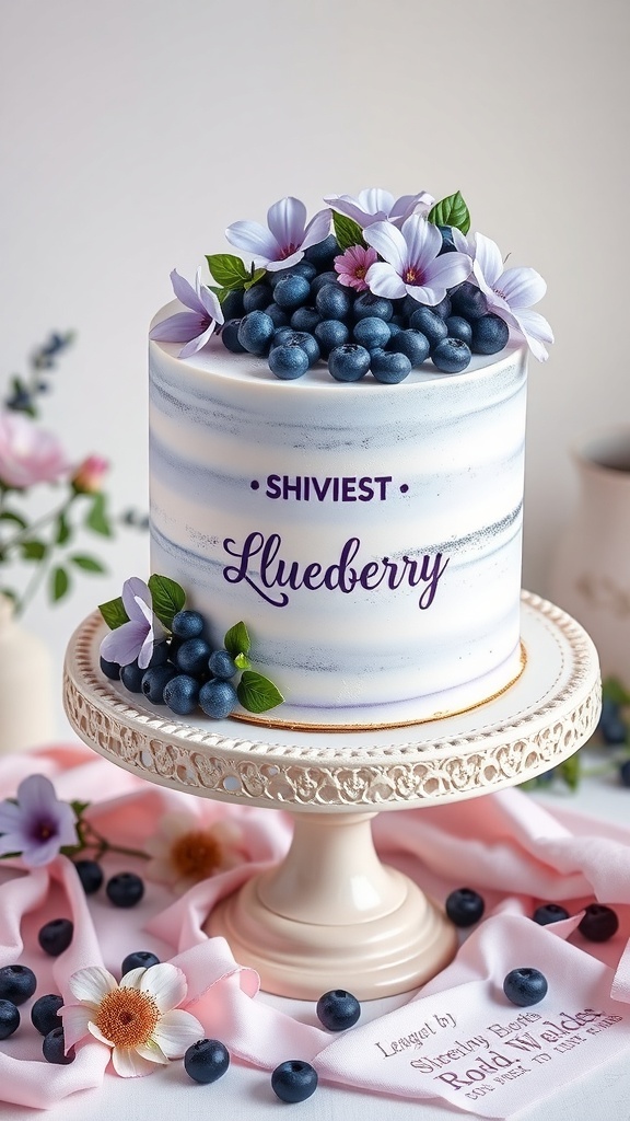 A beautifully decorated Violet Blueberry Wedding Cake topped with blueberries and flowers.