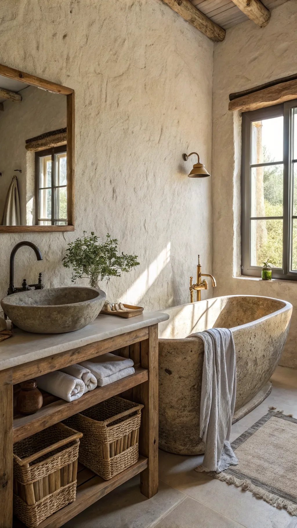 Wabi Sabi bathroom featuring a stone bathtub and rustic wooden accents.