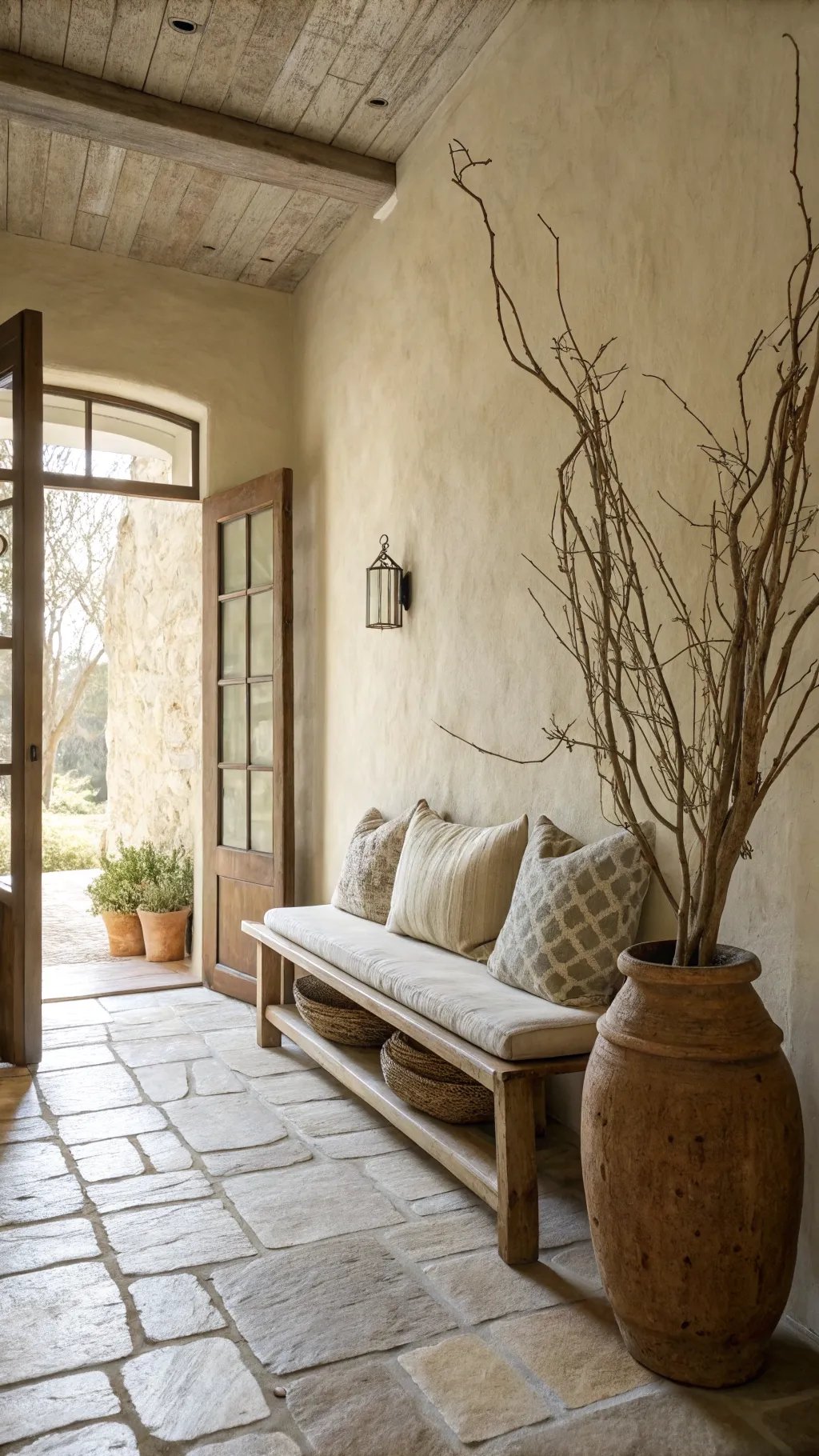 A cozy Wabi Sabi style bench with cushions, complemented by natural decor.