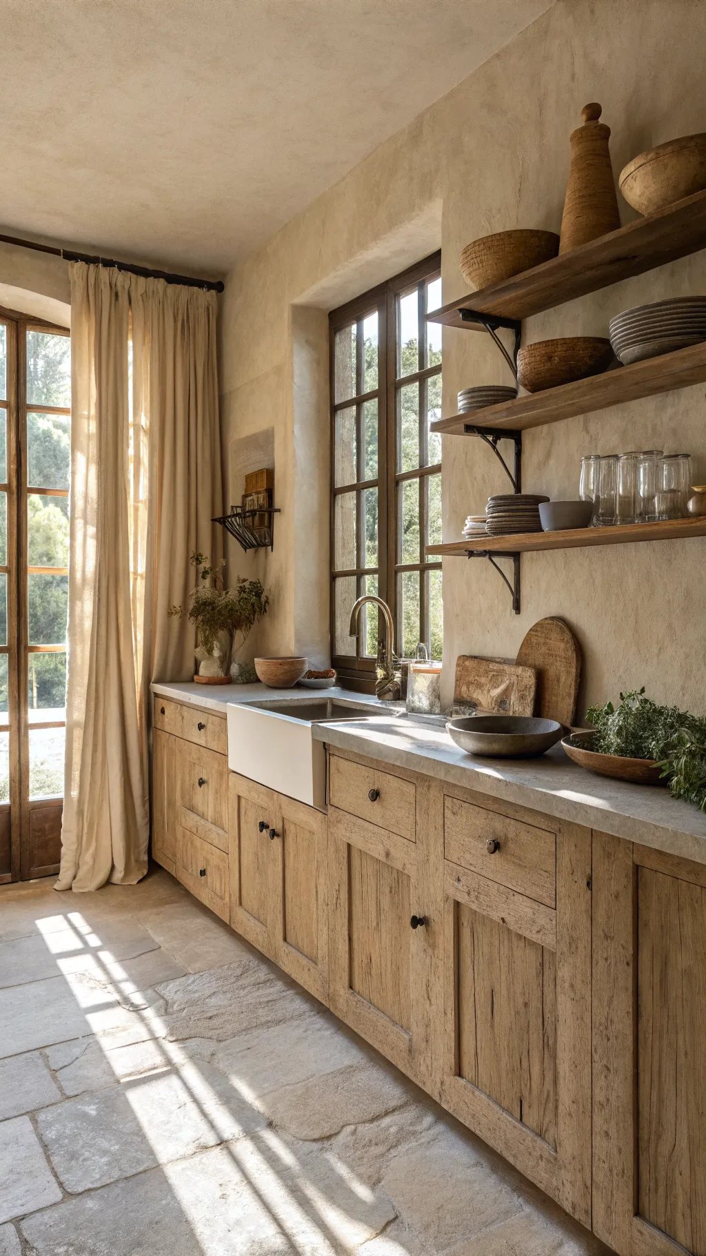 A warm minimalist kitchen featuring wooden cabinetry, stone countertops, natural light, and rustic decor.