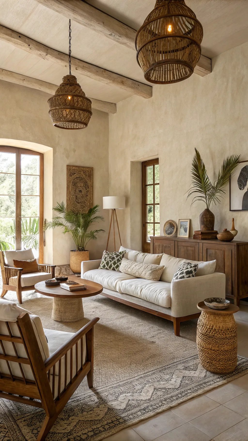Cozy living room featuring a blend of wooden furniture, soft textiles, and natural light, showcasing Wabi Sabi and mid-century modern design.