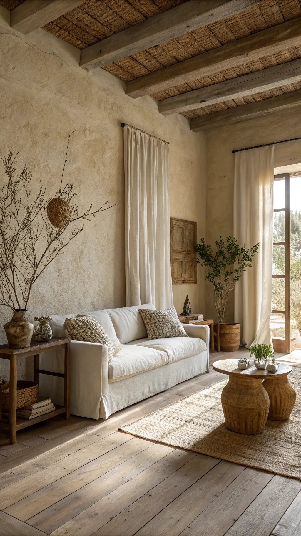 Cozy room featuring a Wabi Sabi inspired wall with textured finishes and natural decor.