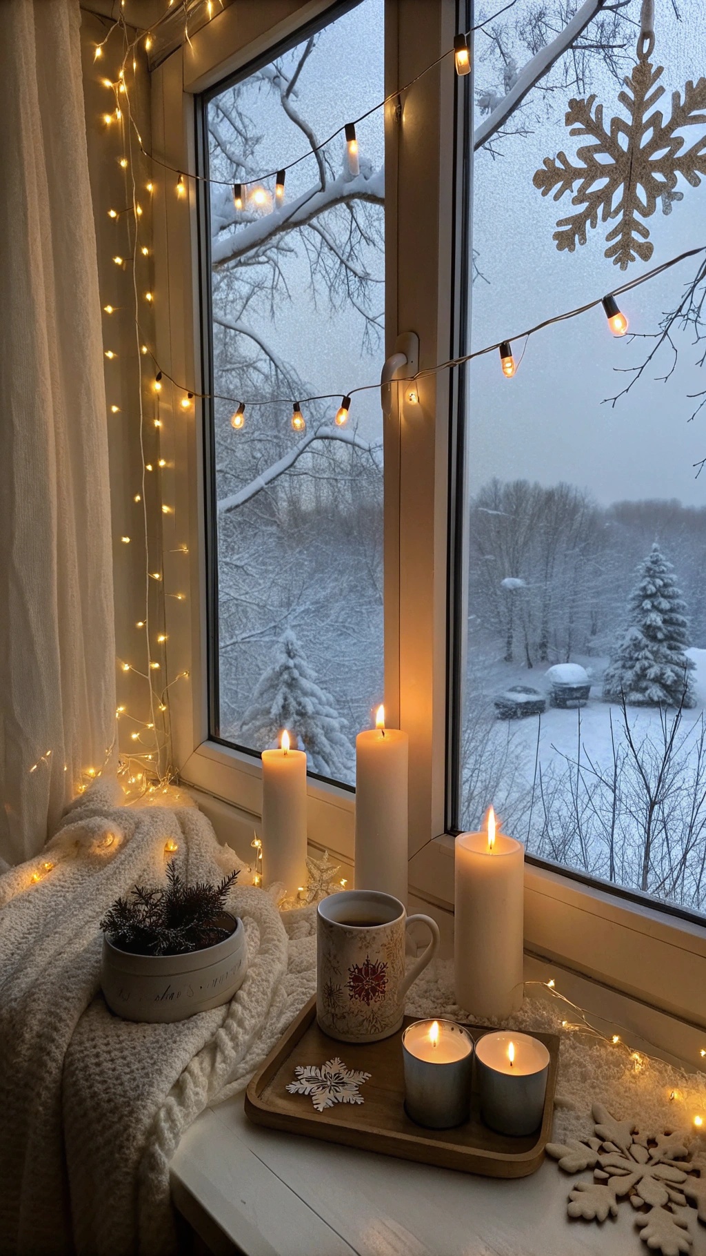 Winter Decor Ideas for the Home That'll Make Your Home Feel Like a Cozy Snow Globe A cozy winter scene featuring warm lighting with string lights and candles by a window with snow outside.