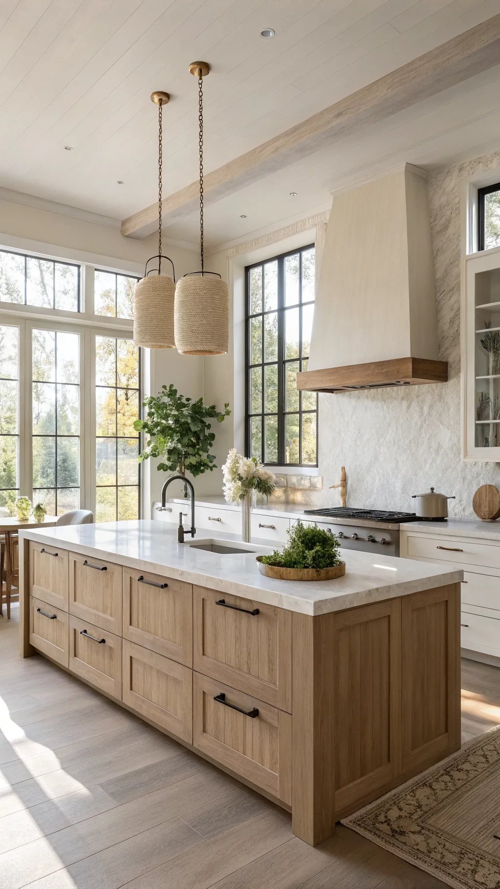 A modern kitchen featuring white oak cabinets, a marble countertop, and stylish lighting.