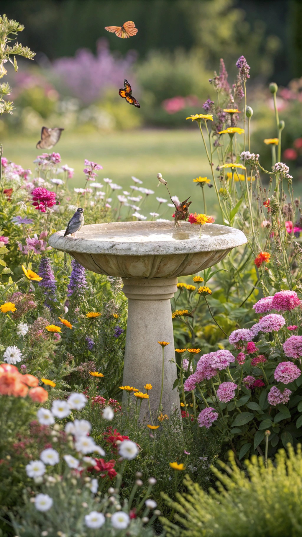 Creating Your Dream French Cottage Garden: A Romantic European Escape A birdbath surrounded by colorful flowers in a French Cottage Garden, with butterflies flying around.