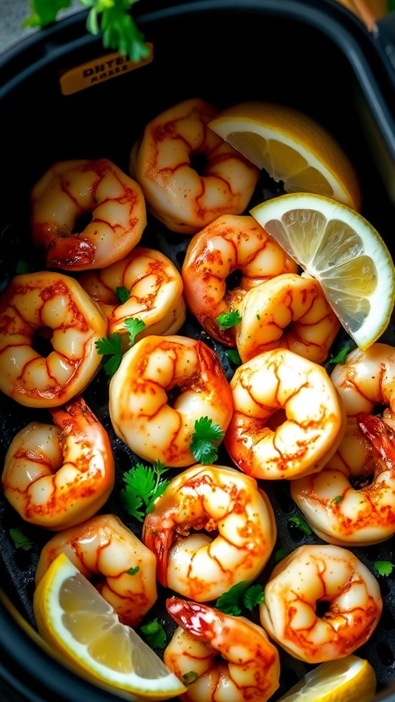 Air fryer garlic parmesan shrimp with lemon slices and parsley