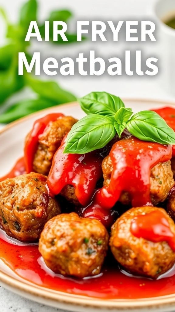 Delicious air fryer meatballs served with a vibrant sauce and fresh basil.