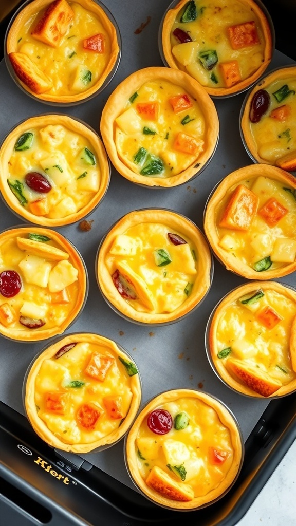 A close-up of air fryer mini quiches with various colorful fillings.