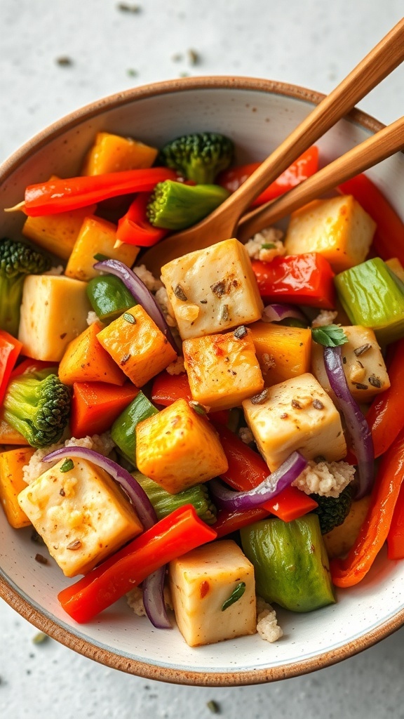 A bowl of vibrant tofu stir-fry with assorted vegetables
