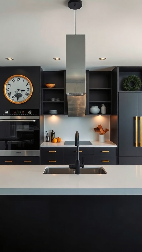 A modern kitchen with black cabinetry, gold accents, and a contemporary stainless-steel hood.