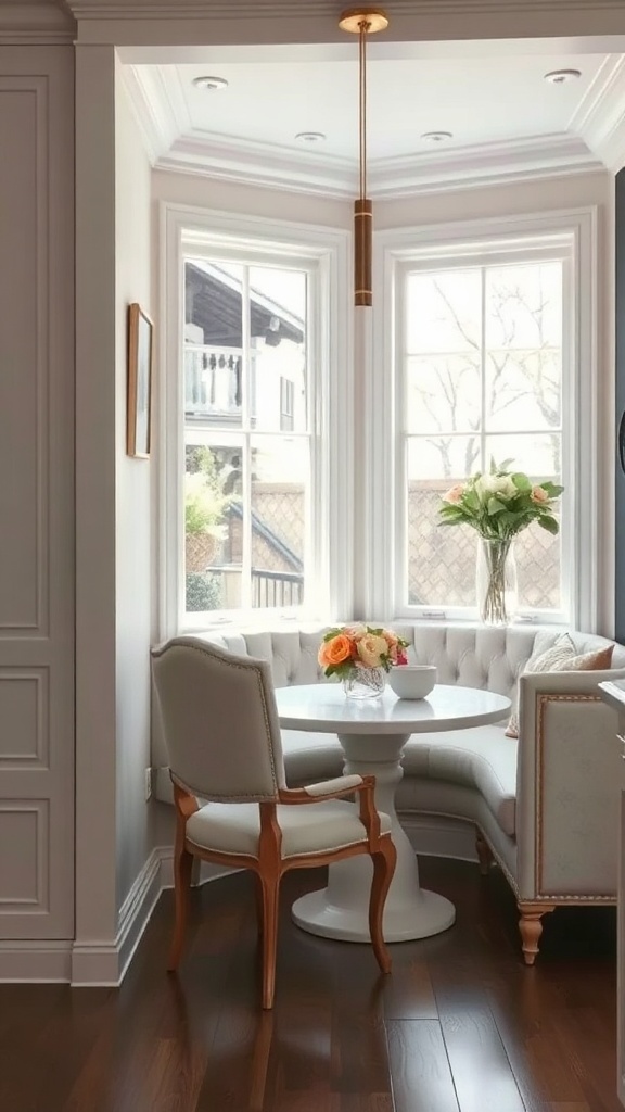 Cozy breakfast nook featuring a marble table, gold accents, and large windows with floral arrangements.