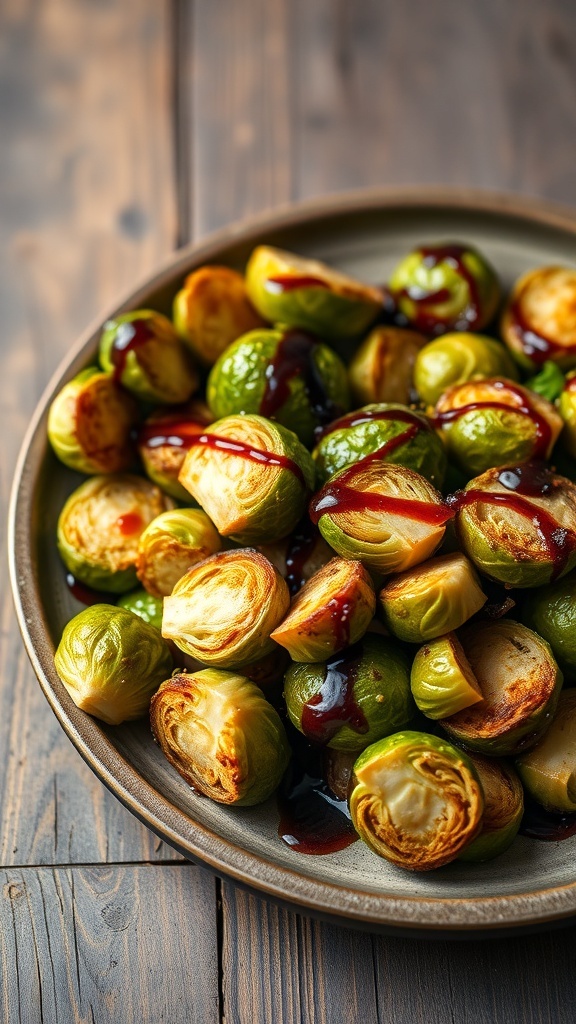 Crispy air fryer Brussels sprouts with sauce on a plate.