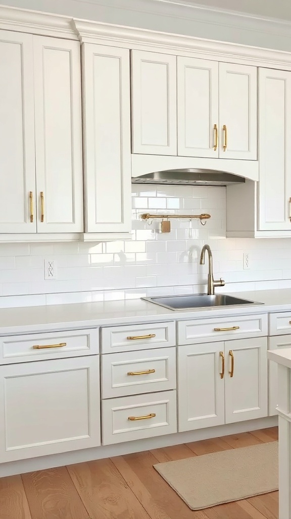 Elegant white kitchen cabinets with gold hardware and stainless steel sink