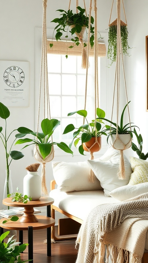 A cozy living room with macrame plant hangers displaying lush green plants.