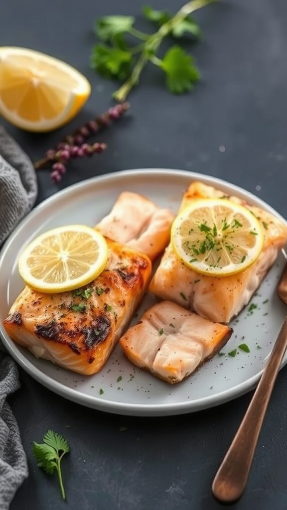 Plated salmon fillets with lemon slices and herbs