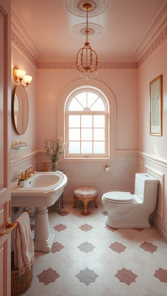 Art Deco inspired vintage pink bathroom with soft lighting and elegant decor.