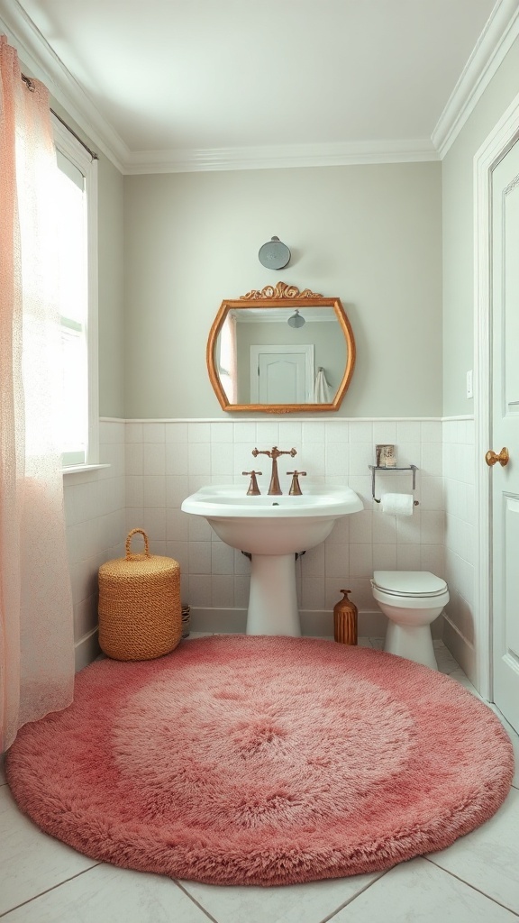 A vintage pink bathroom featuring a soft, round pink rug