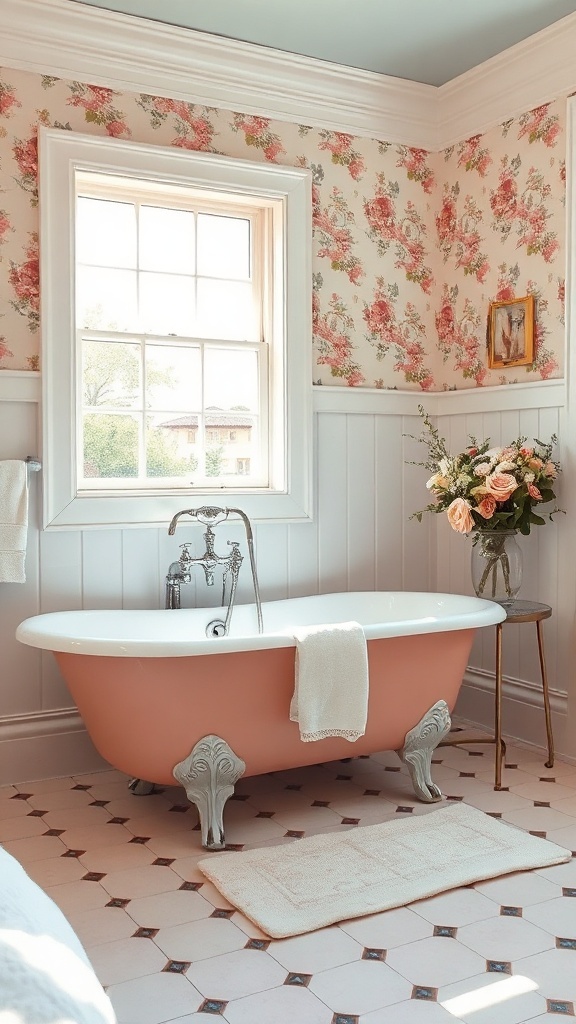 Chic vintage pink bathtub with floral wallpaper and a decorative vase
