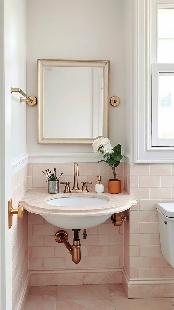 A vintage pink bathroom with rose gold fixtures including a sink, faucets, and mirror.