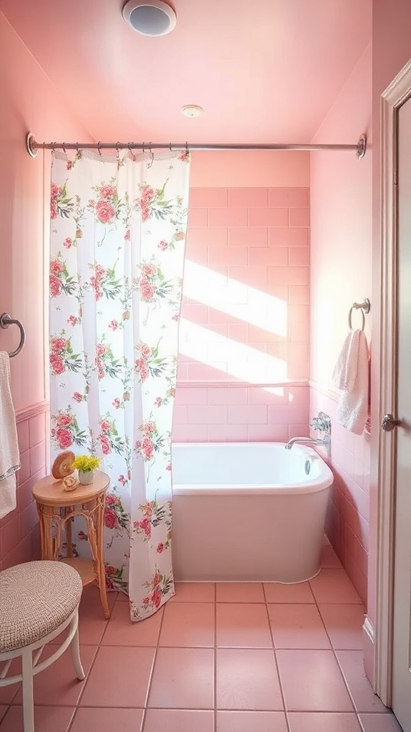 Floral shower curtain in a vintage pink bathroom with a bathtub and decorative stool.