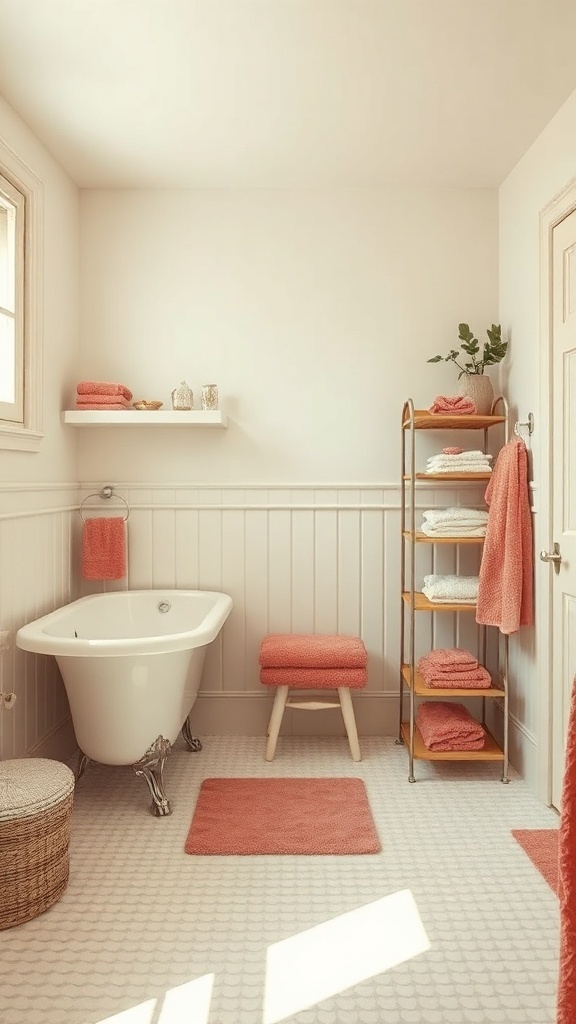 A vintage-style bathroom featuring pink towels and accessories.