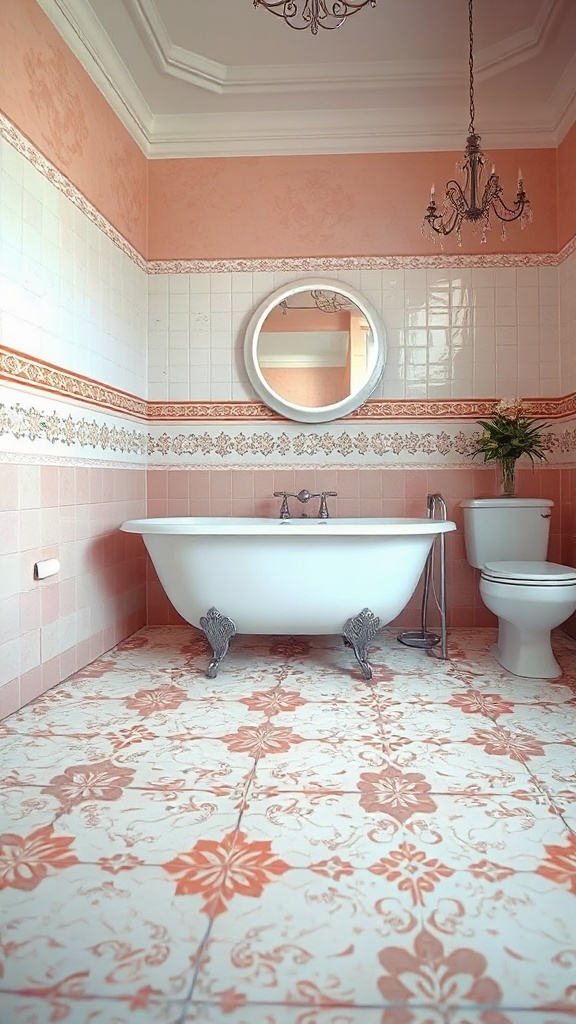 Vintage pink bathroom with retro floral tile patterns and a freestanding bathtub.