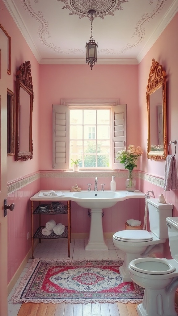 A vintage bathroom with soft pink walls, ornate mirrors, and elegant decor.