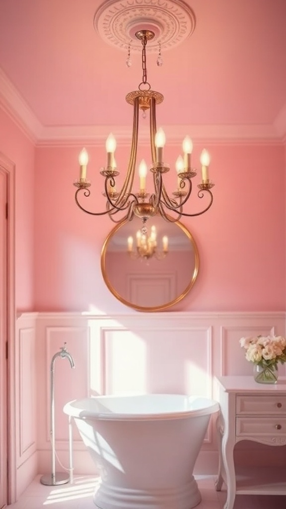 A vintage chandelier in a pink bathroom with a bathtub and floral arrangement.