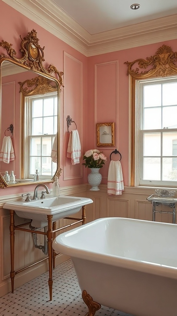 A vintage bathroom featuring a pink wall, elegant pink-framed mirror, and a clawfoot tub.