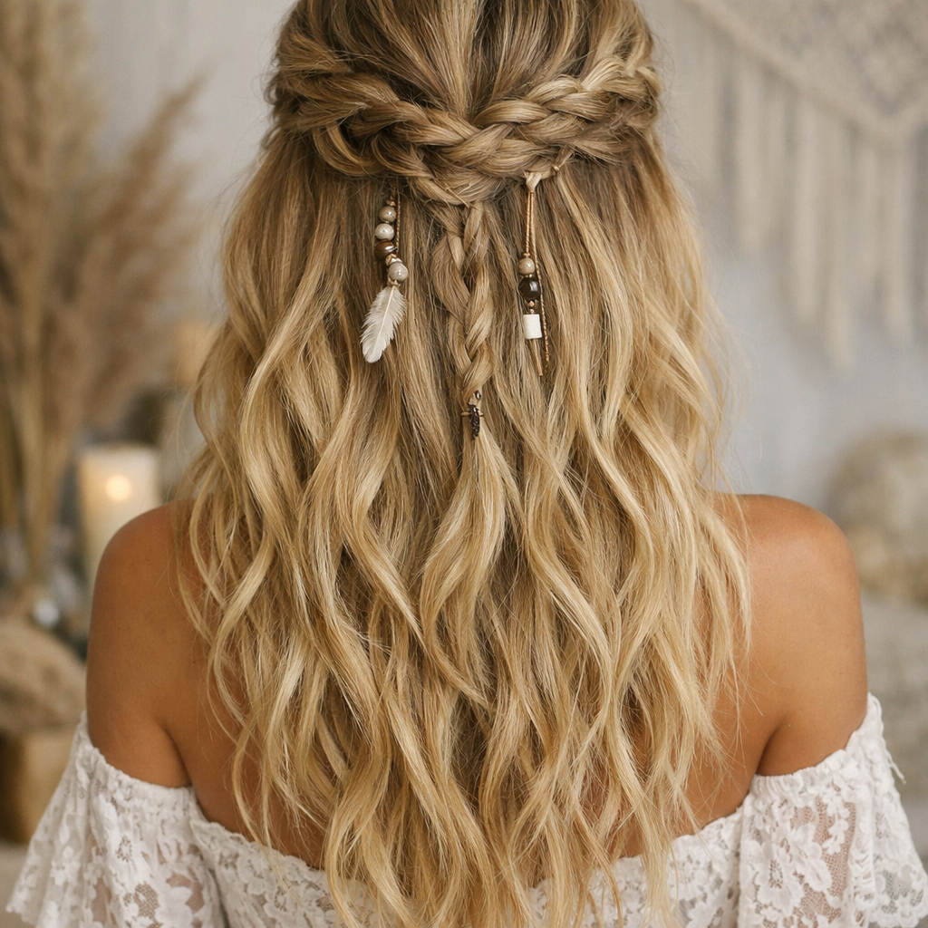 A beautiful Bohemian braid with loose waves, adorned with beads and feathers